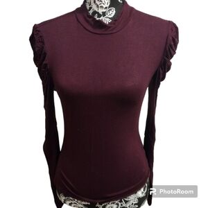 ALYA Mock Neck Puffy Shoulder Long Sleeve Top